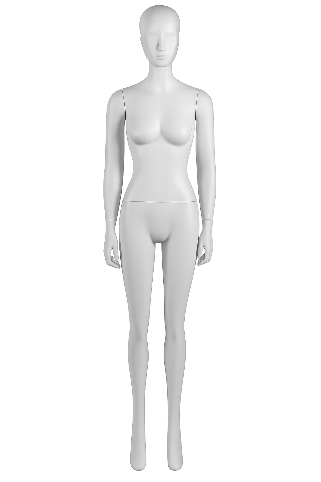 Minimalist white mannequin without clothing, standing upright against a plain background.