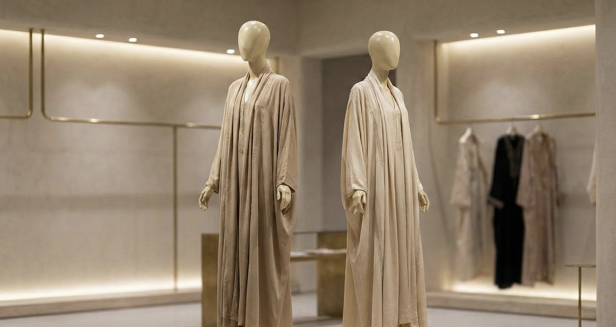 Display of mannequin dresses in a neutral-toned boutique, with two mannequins in beige dresses in the foreground and additional dresses in the background.