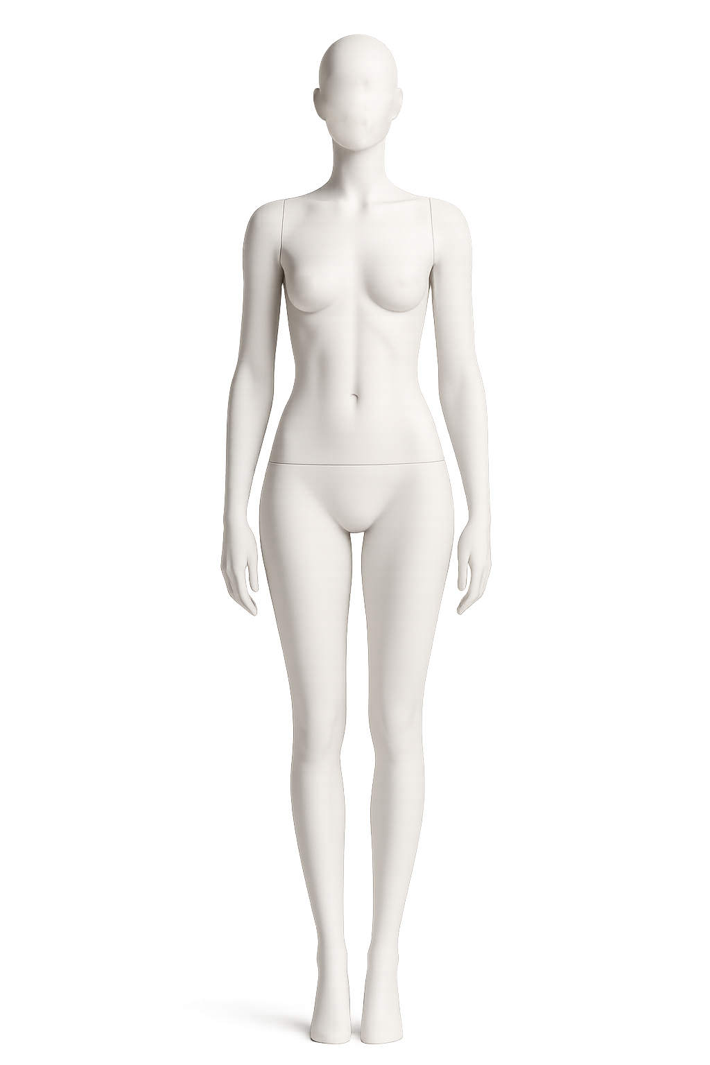 A white, featureless female mannequin standing upright against a neutral background.