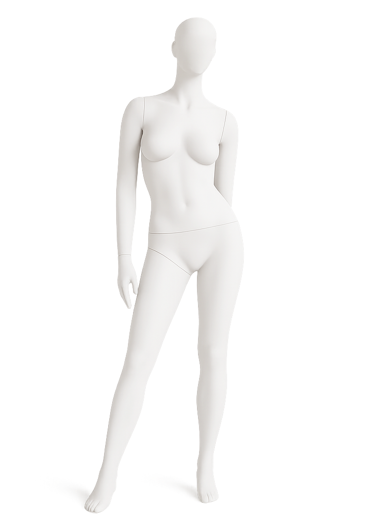White mannequin with no facial features, standing with one hand relaxed by its side and the other hand behind its back, against a plain background.