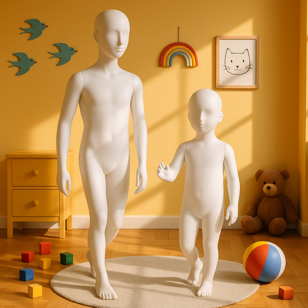 Two white mannequin figures, one adult and one child, in a playroom with yellow walls, colorful toys, artwork, and a teddy bear.