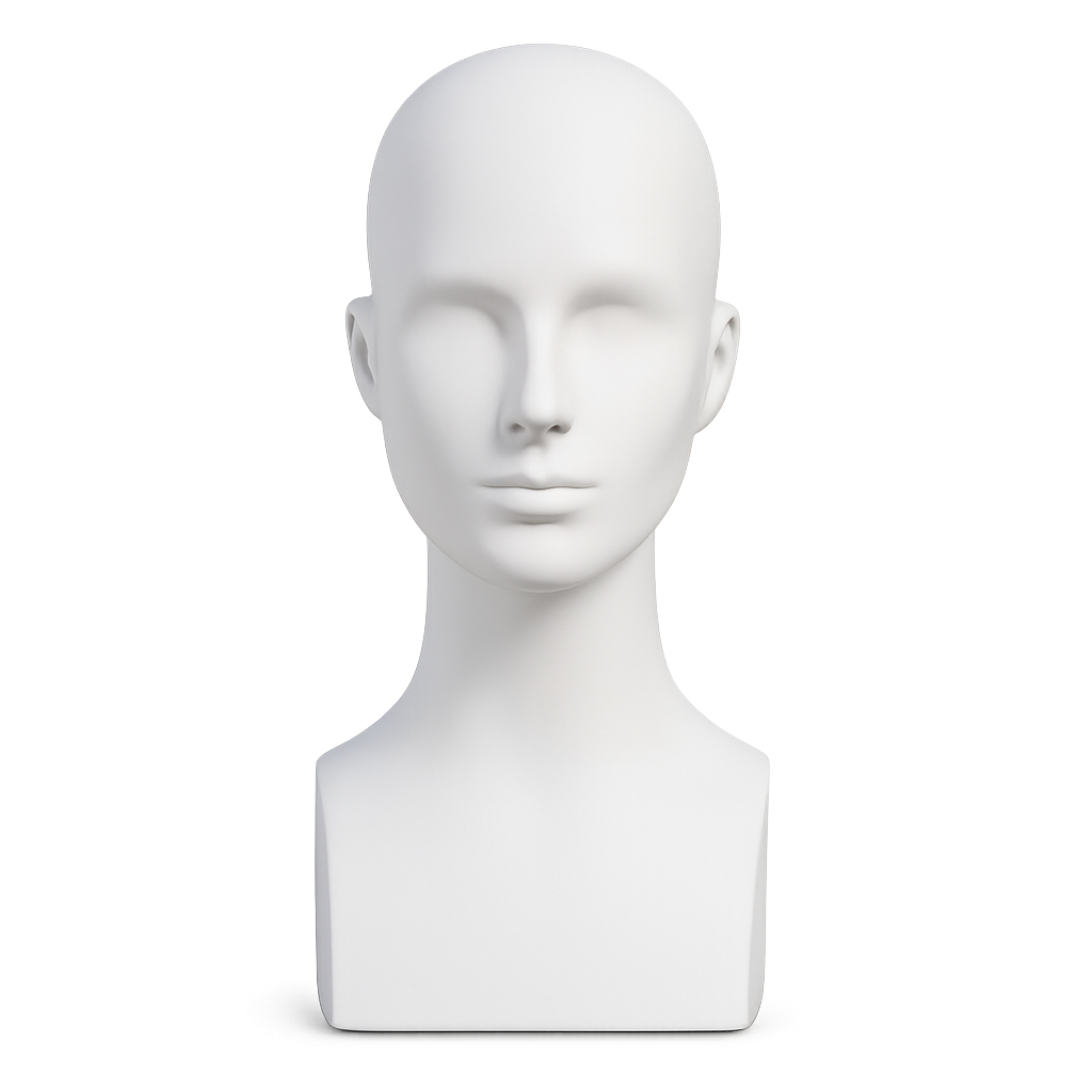 White mannequin head and upper torso bust on a gray background.