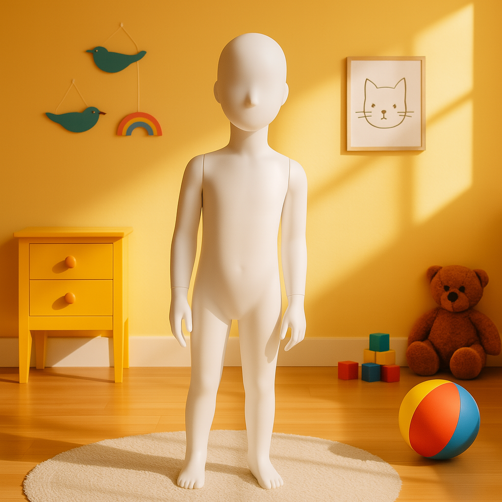 A blank, featureless mannequin standing on a circular rug in a children's room decorated with yellow walls, a yellow nightstand, toys including a teddy bear, building blocks, a beach ball, and wall art of birds, rainbows, and a cat.