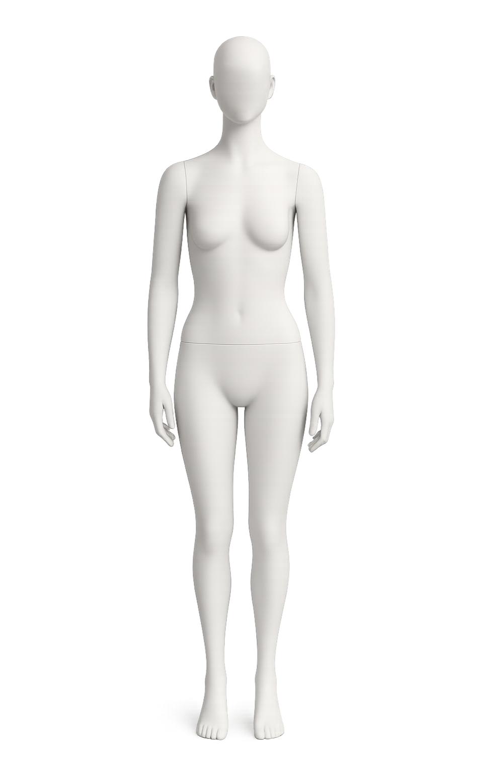 A white, featureless female mannequin standing upright with arms at her sides against a plain background.