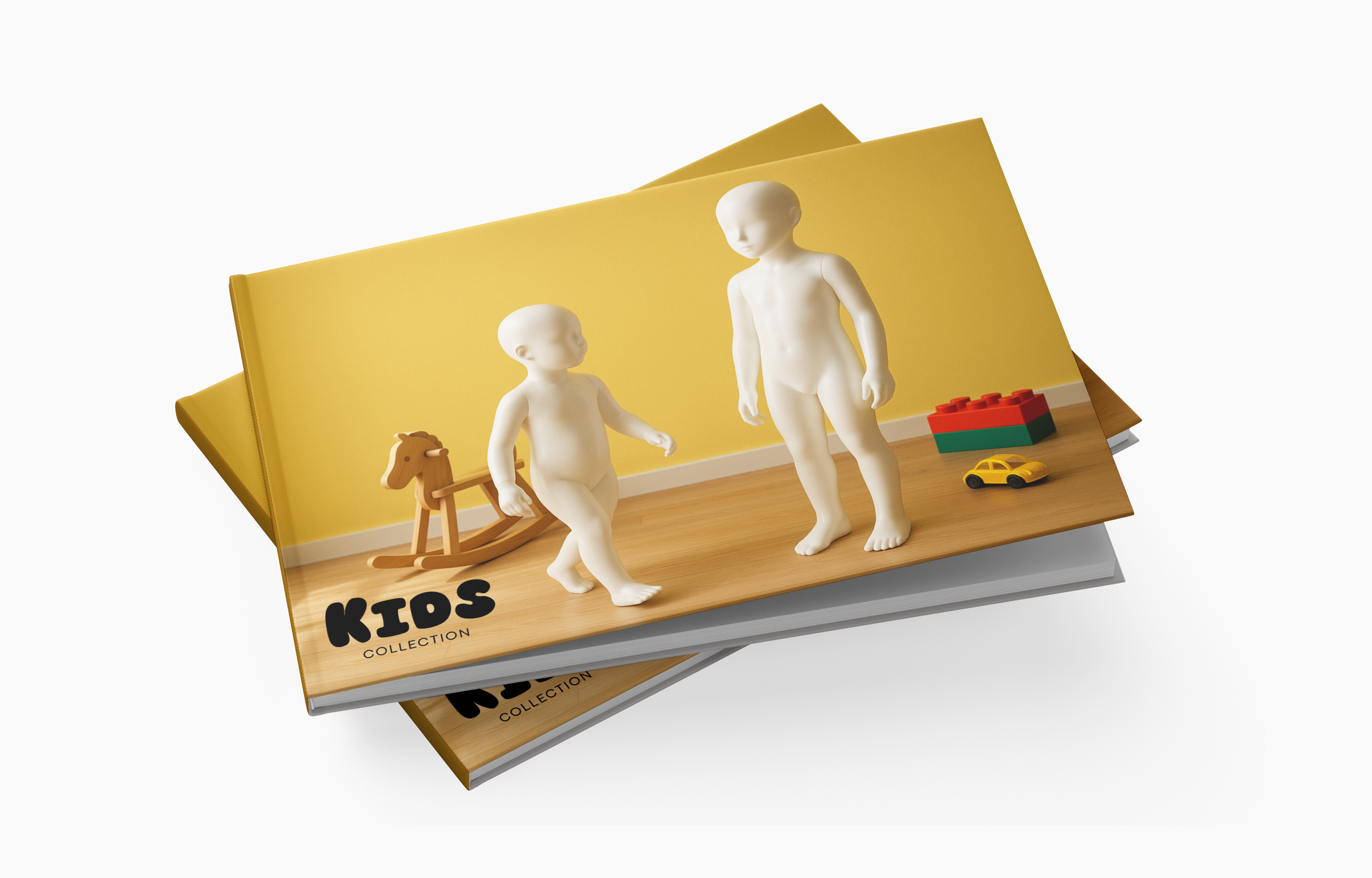Children's toys including two white plastic dolls, a wooden rocking horse, a toy car, and a large red and green building block in a yellow-walled playroom. The book cover reads "KIDS COLLECTION."