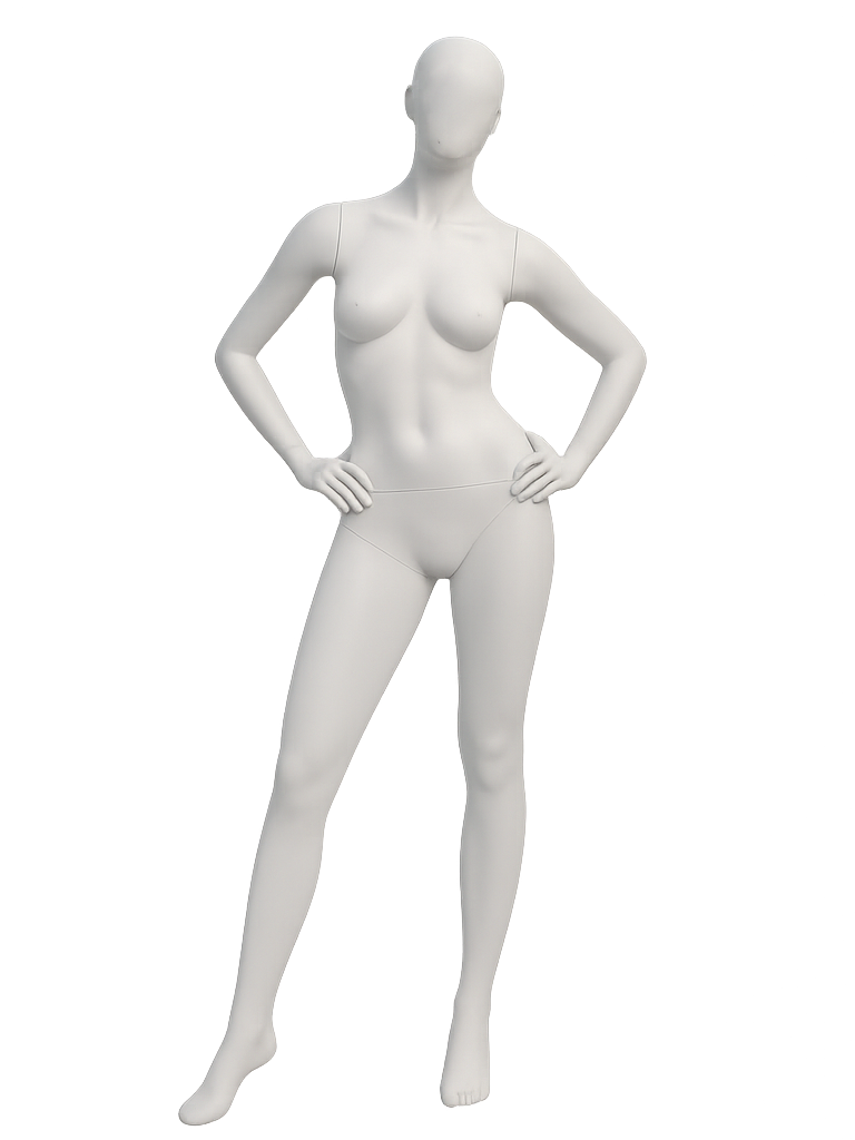 White female mannequin standing with hands on hips against a black background.