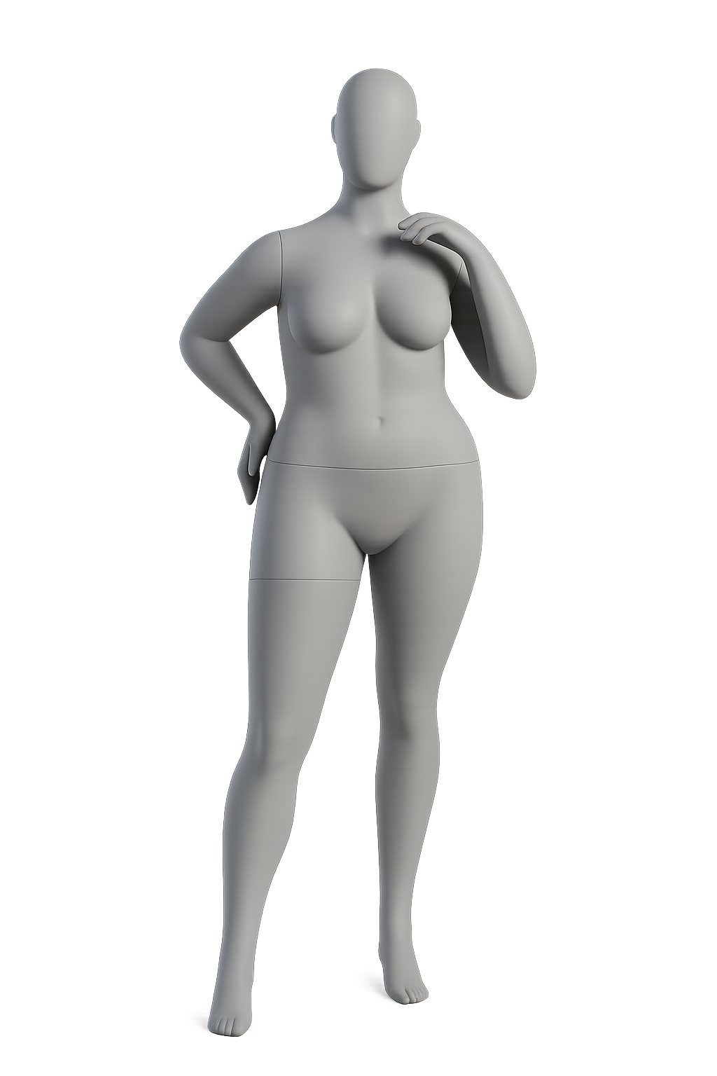 A faceless, gender-neutral mannequin with a smooth, gray surface posed with one hand on its hip and the other touching its neck, standing against a plain backdrop.