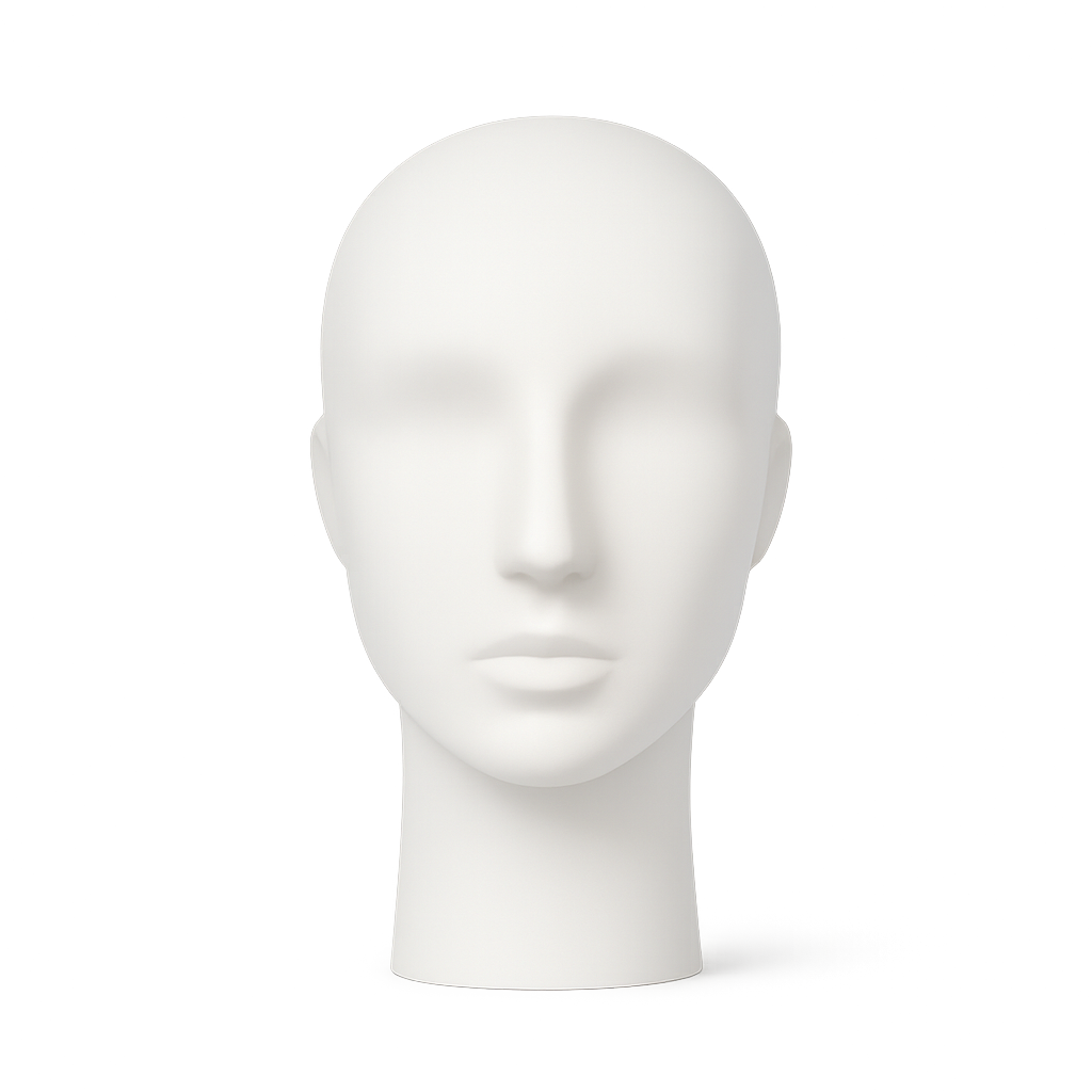White mannequin head with closed eyes and no features, in front of a gradient background.