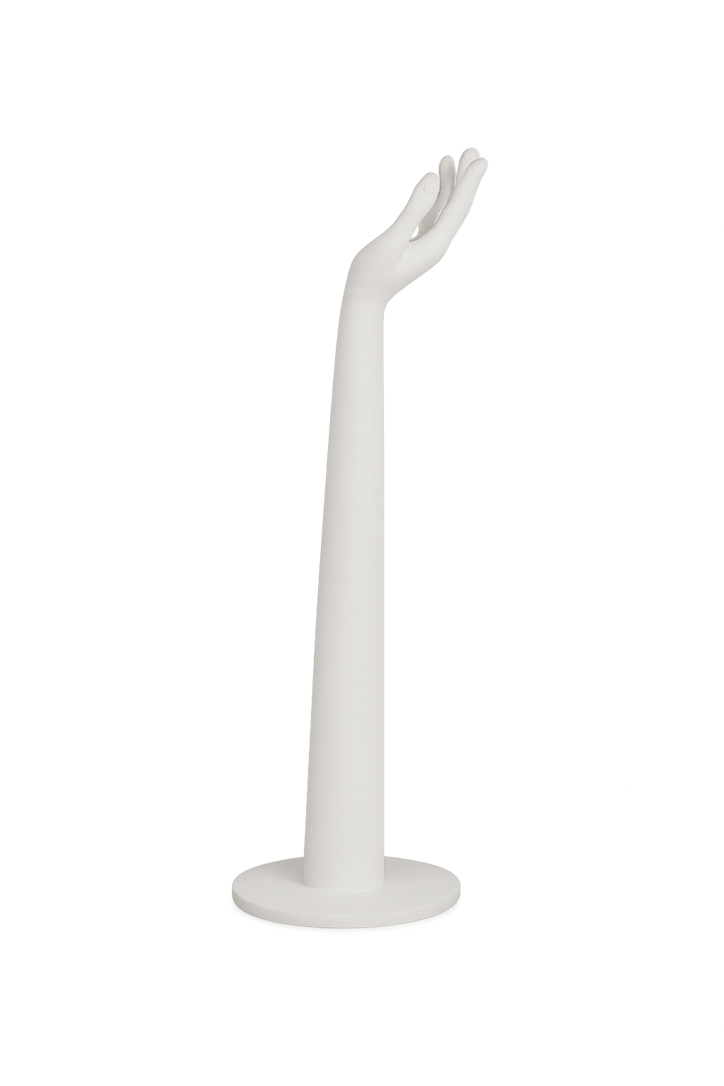 A white mannequin hand in a relaxed pose with fingers slightly bent, illuminated against a gray background.