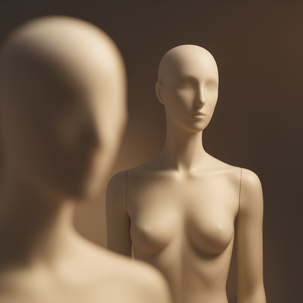 Two beige mannequin heads and upper bodies facing each other, with the one in the foreground blurred and the one in the background in focus, against a neutral background.