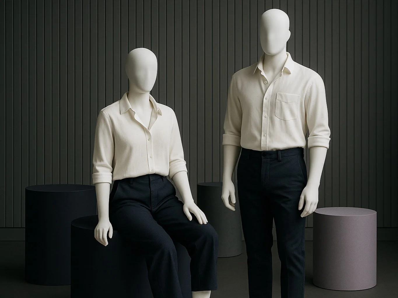 Two clothing mannequins dressed in light beige shirts and black pants, posed against a dark vertical slat wall with round black and purple pedestals nearby.