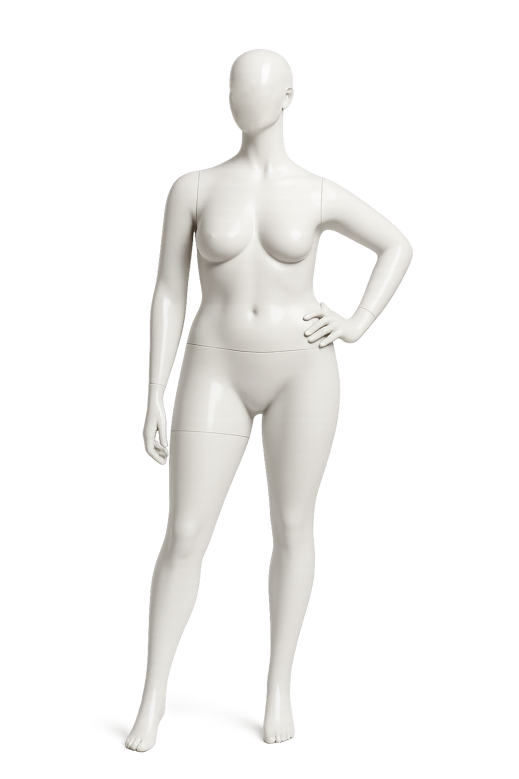 White female mannequin with a featureless face and hand on hip, standing against a neutral background.