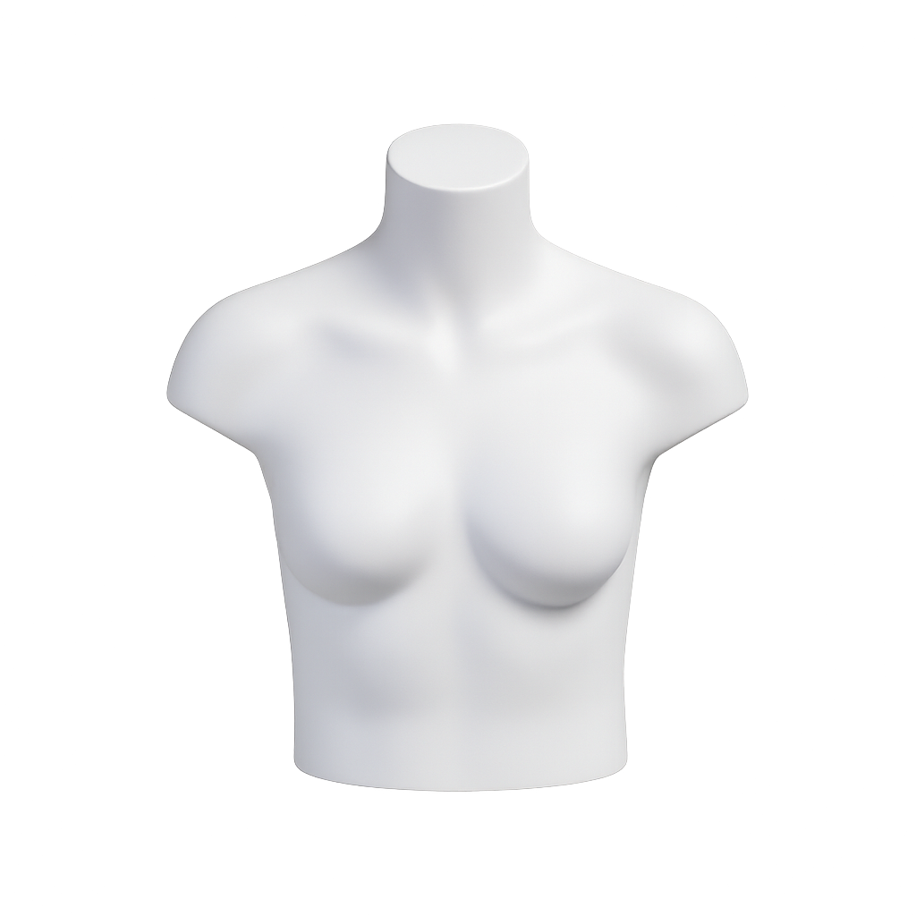 A white mannequin bust displaying a pair of female breasts against a light gray background.