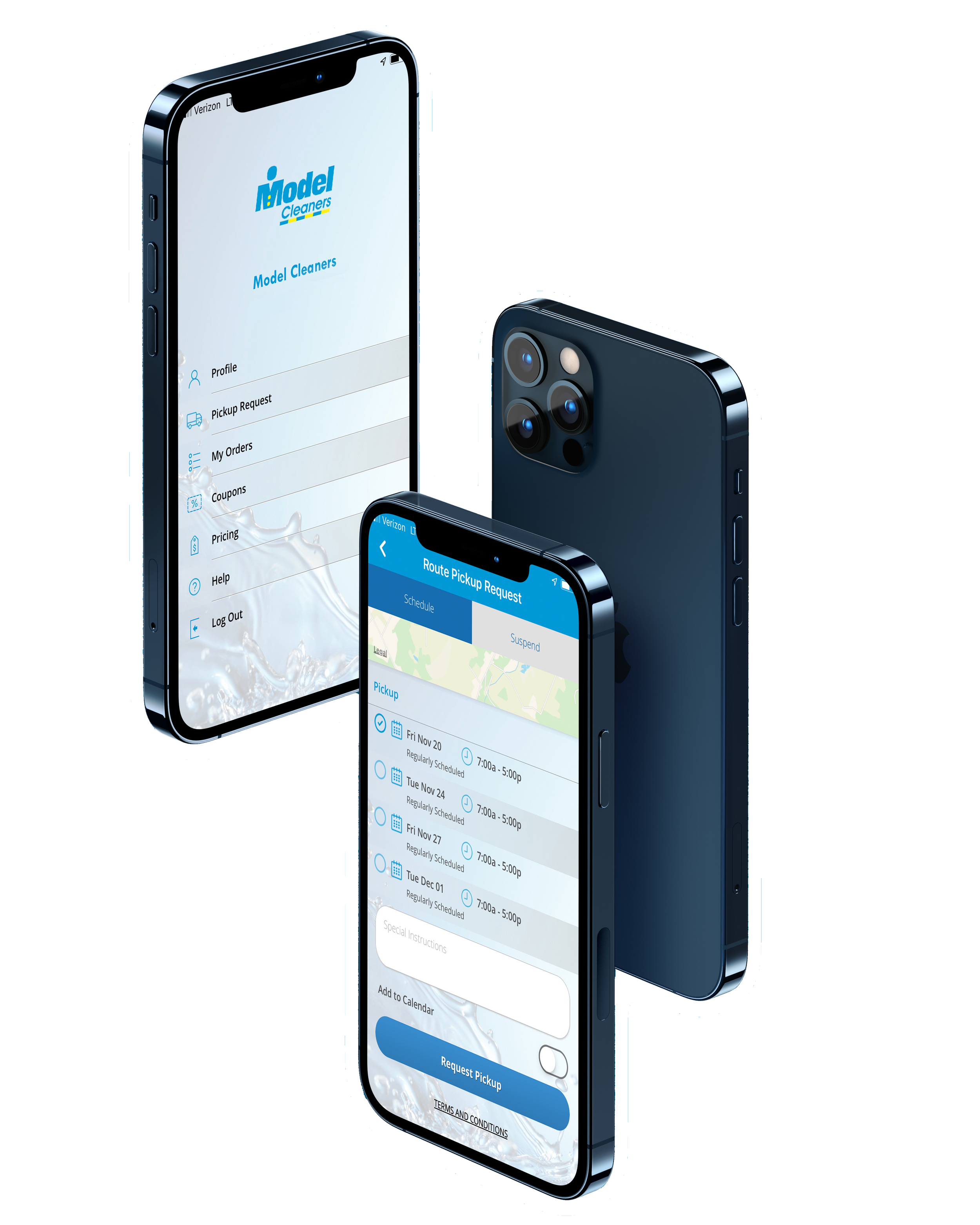 Two smartphones displaying a mobile app for a cleaning service. One phone shows a menu with options like Profile and My Orders, while the other displays a route pickup request with scheduled dates and times for pickups.