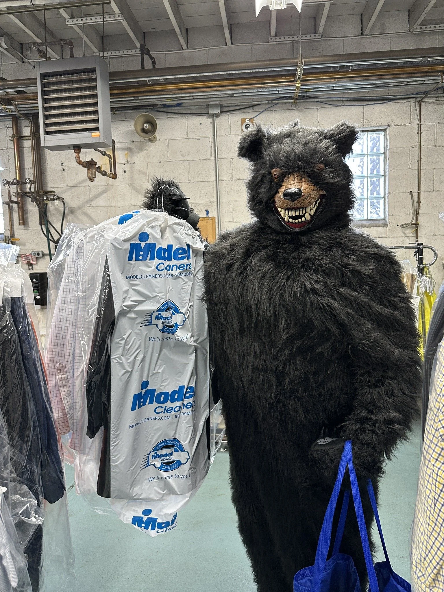 Person in a bear costume holding freshly cleaned garments in Model Cleaners protective bags at a Pittsburgh dry cleaning facility