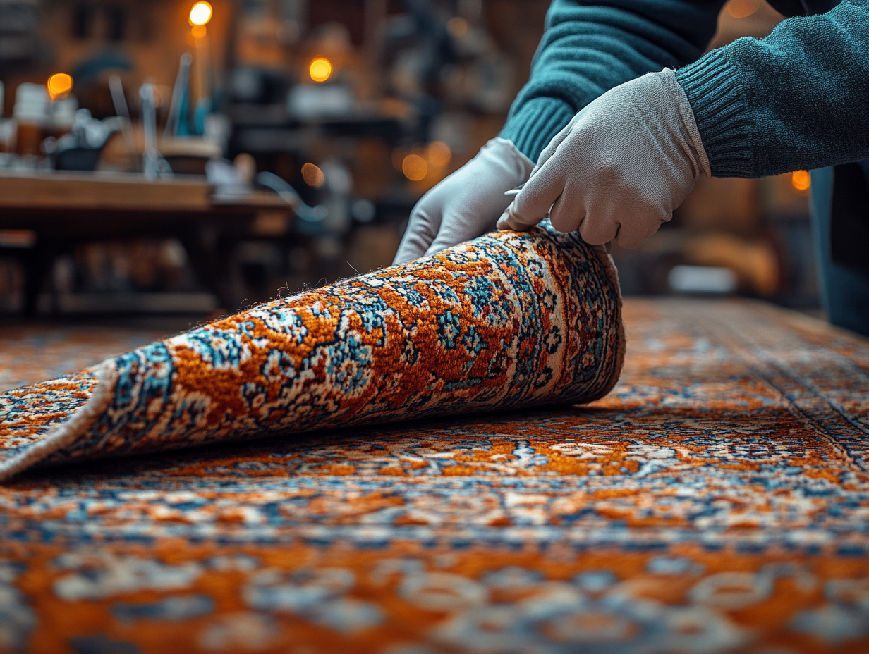 Professional technician rolling area rug for pickup and cleaning service in Pittsburgh homes