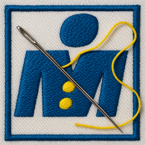 Sewing needle and embroidered patch representing Model Cleaners clothing alterations and repair