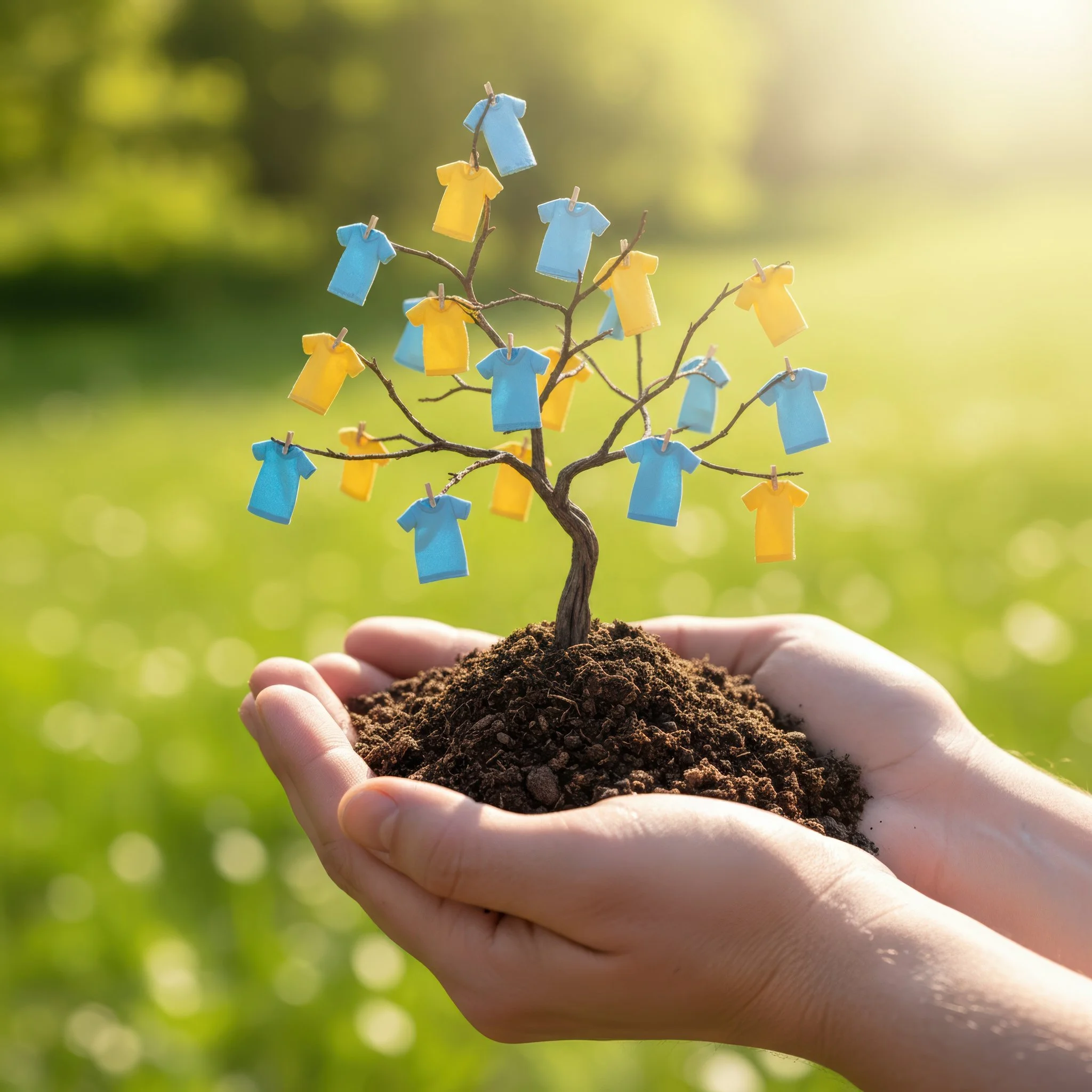 A small tree with tiny blue and yellow shirts hanging on branches, held in a person's hand with a blurred green background. Showing Model Cleaners Pittsburgh Dry cleanings commitment to use environmentally friendly cleaning solutions.