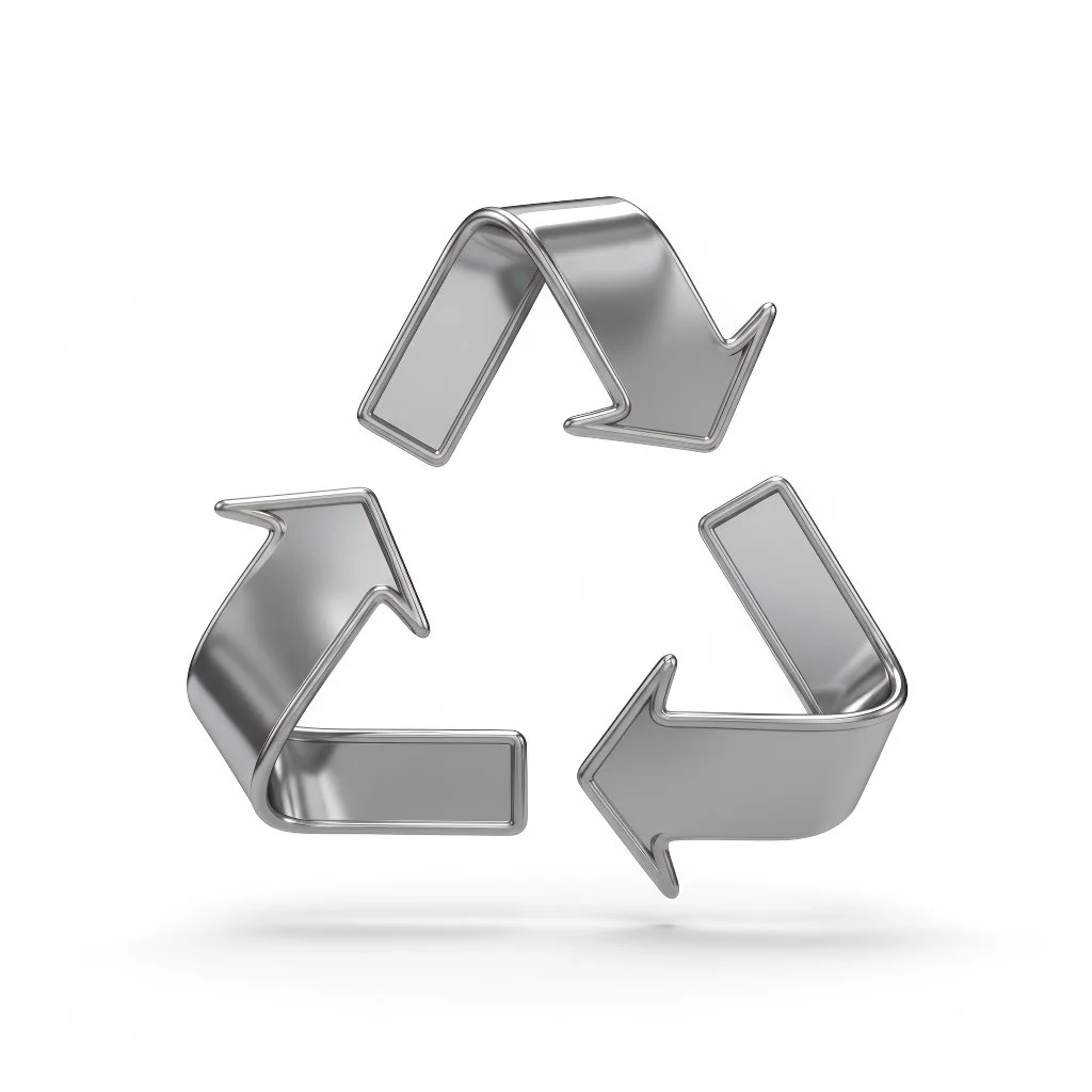 The universal recycling symbol formed from shiny silver metal clothes hangers, shaped into three curved arrows on a bright white background with soft shadows — representing Model Cleaners’ hanger recycling program