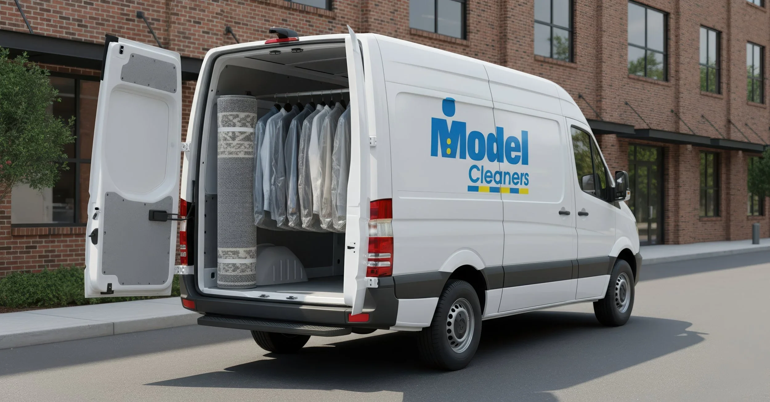 Model Cleaners pickup and delivery van with area rugs loaded for professional cleaning in Pittsburgh