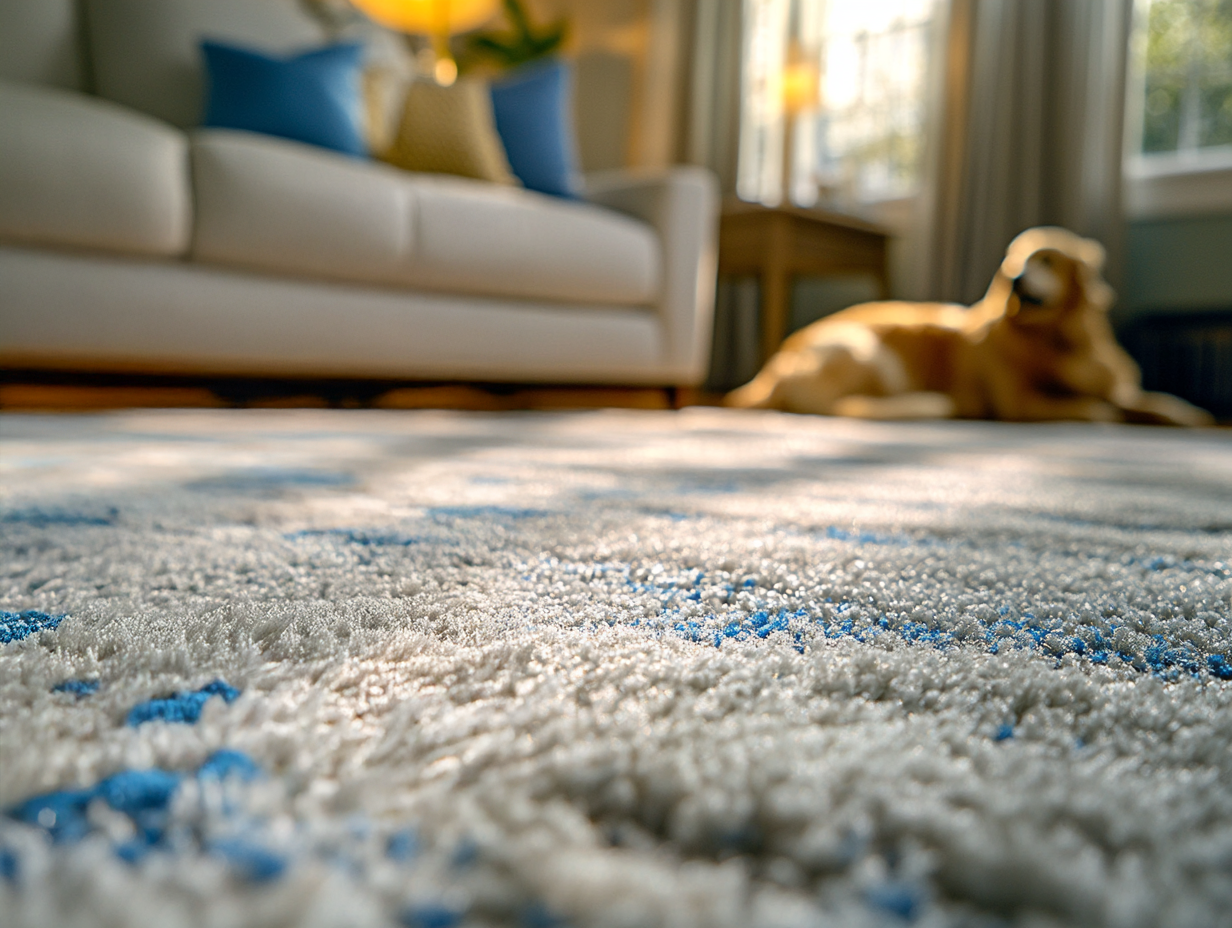 Clean freshly serviced area rug with detailed pattern in Pittsburgh living room after professional cleaning