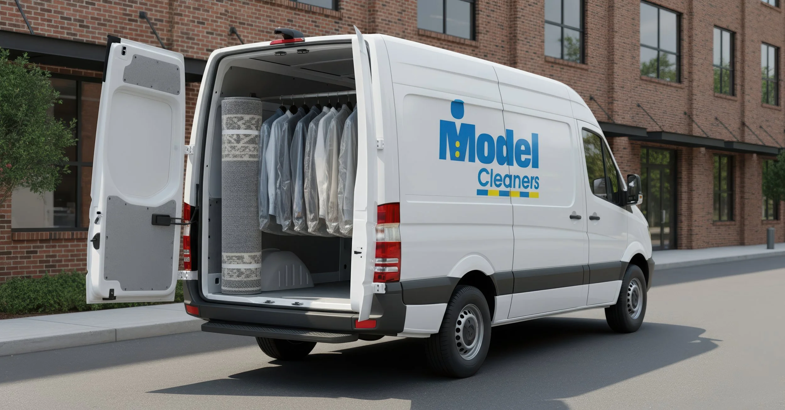 Model Cleaners delivery van with rolled carpets and dry cleaning items loaded in the back, showing pickup and delivery service.