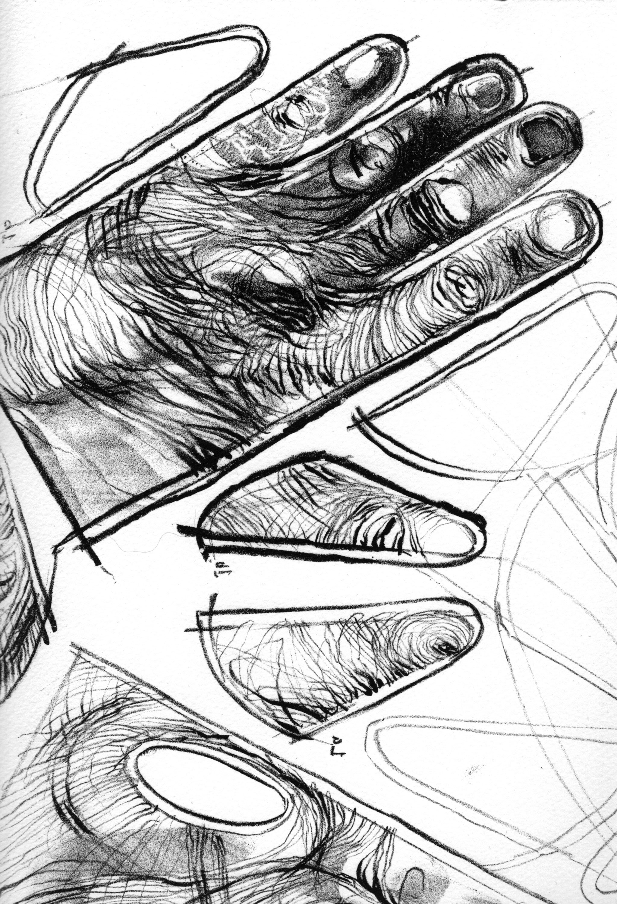 Fabrication of a Hand, State I, detail, lithography on Arches paper, 15" x 22" inches, 2020.