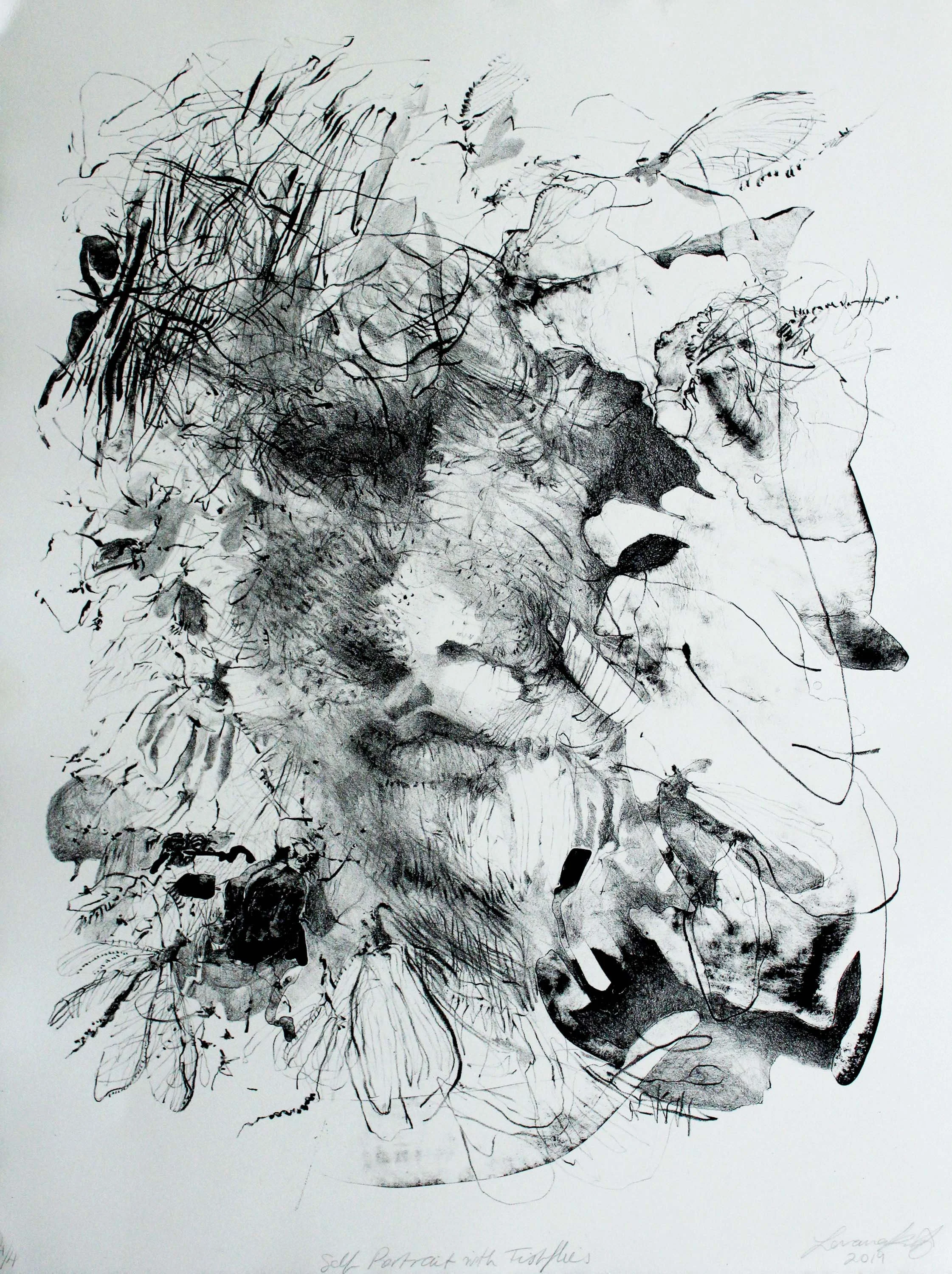 Self Portrait with Fishflies, lithograph on Arches paper, 15" x 20" inches, 2019.