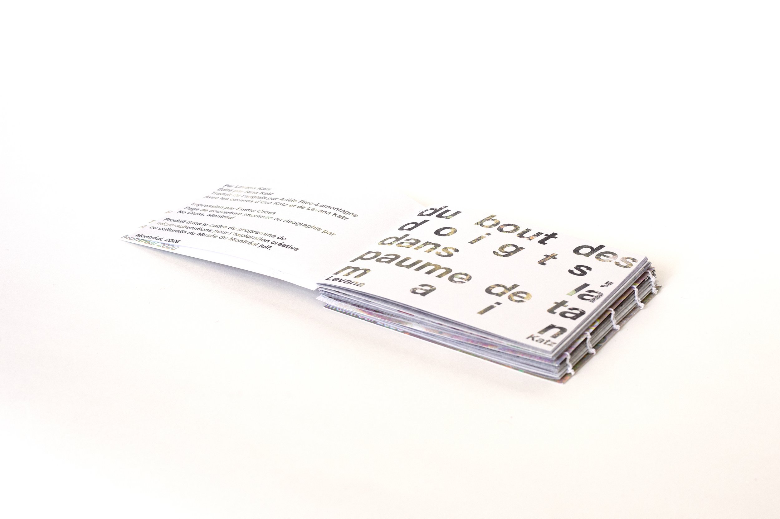 By the tips of your fingers, for the palm of your hand, 2026. 
Edition of 50 artist books.
Risograph cover, injet-printed inner pages, dos-a-dos coptic-stitch binding.

Translated from English by Adèle Rico-Lamontagne, edited by Nina Katz, artworks i