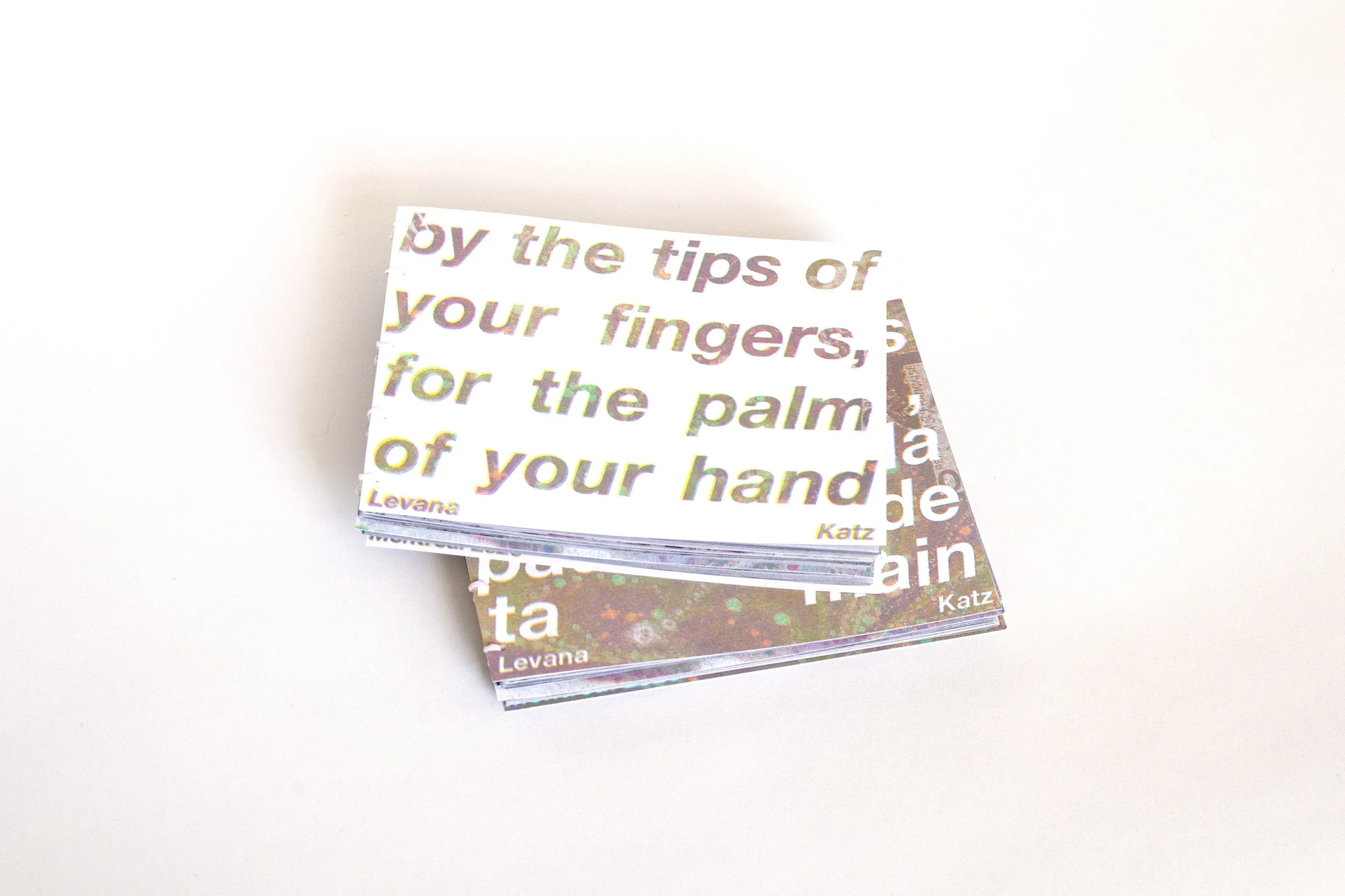 By the tips of your fingers, for the palm of your hand, 2026. 
Edition of 50 artist books.
Risograph cover, injet-printed inner pages, dos-a-dos coptic-stitch binding.

Translated from English by Adèle Rico-Lamontagne, edited by Nina Katz, artworks i