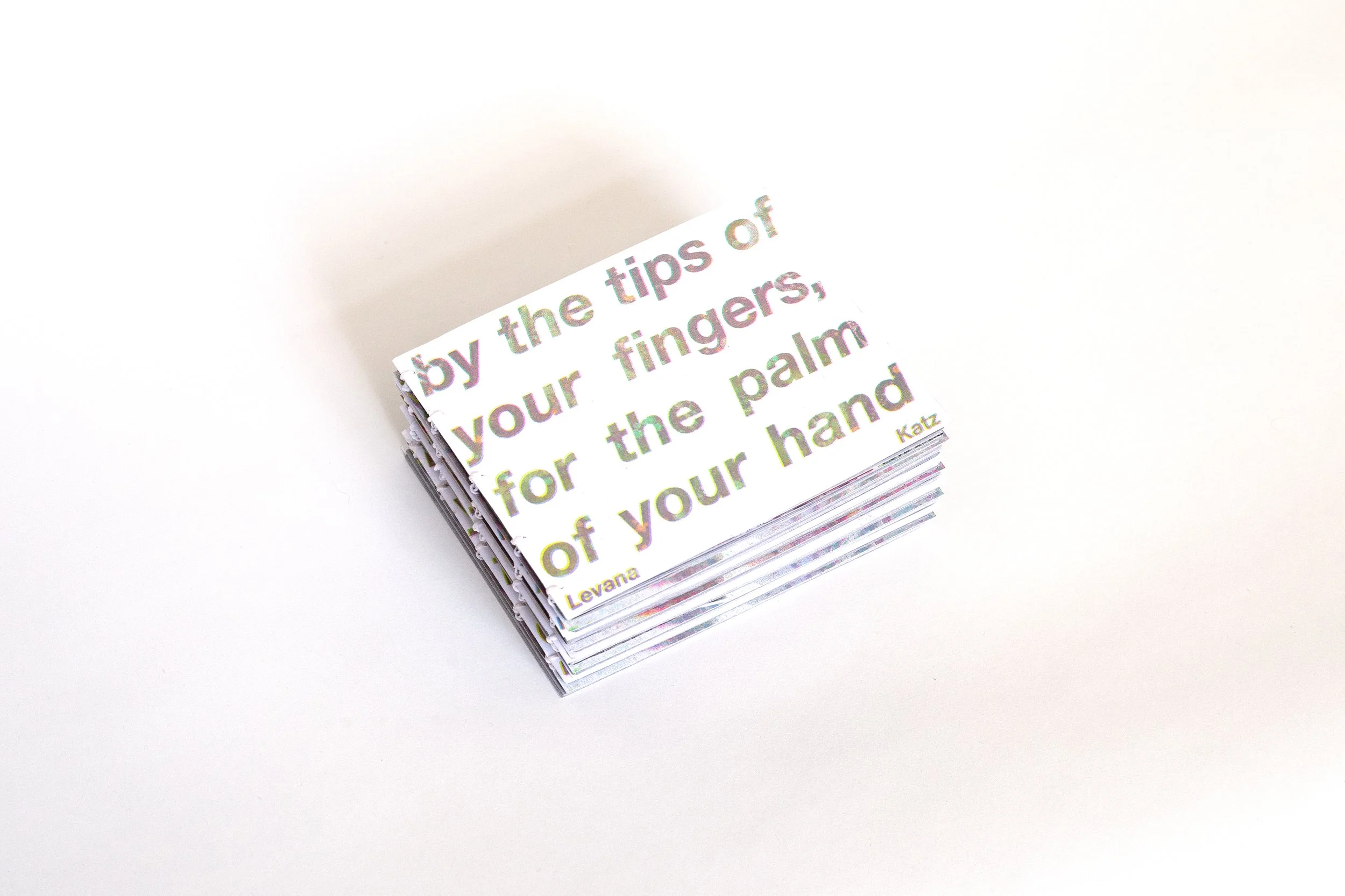 By the tips of your fingers, for the palm of your hand, 2026. 
Edition of 50 artist books.
Risograph cover, injet-printed inner pages, dos-a-dos coptic-stitch binding.

Translated from English by Adèle Rico-Lamontagne, edited by Nina Katz, artworks i