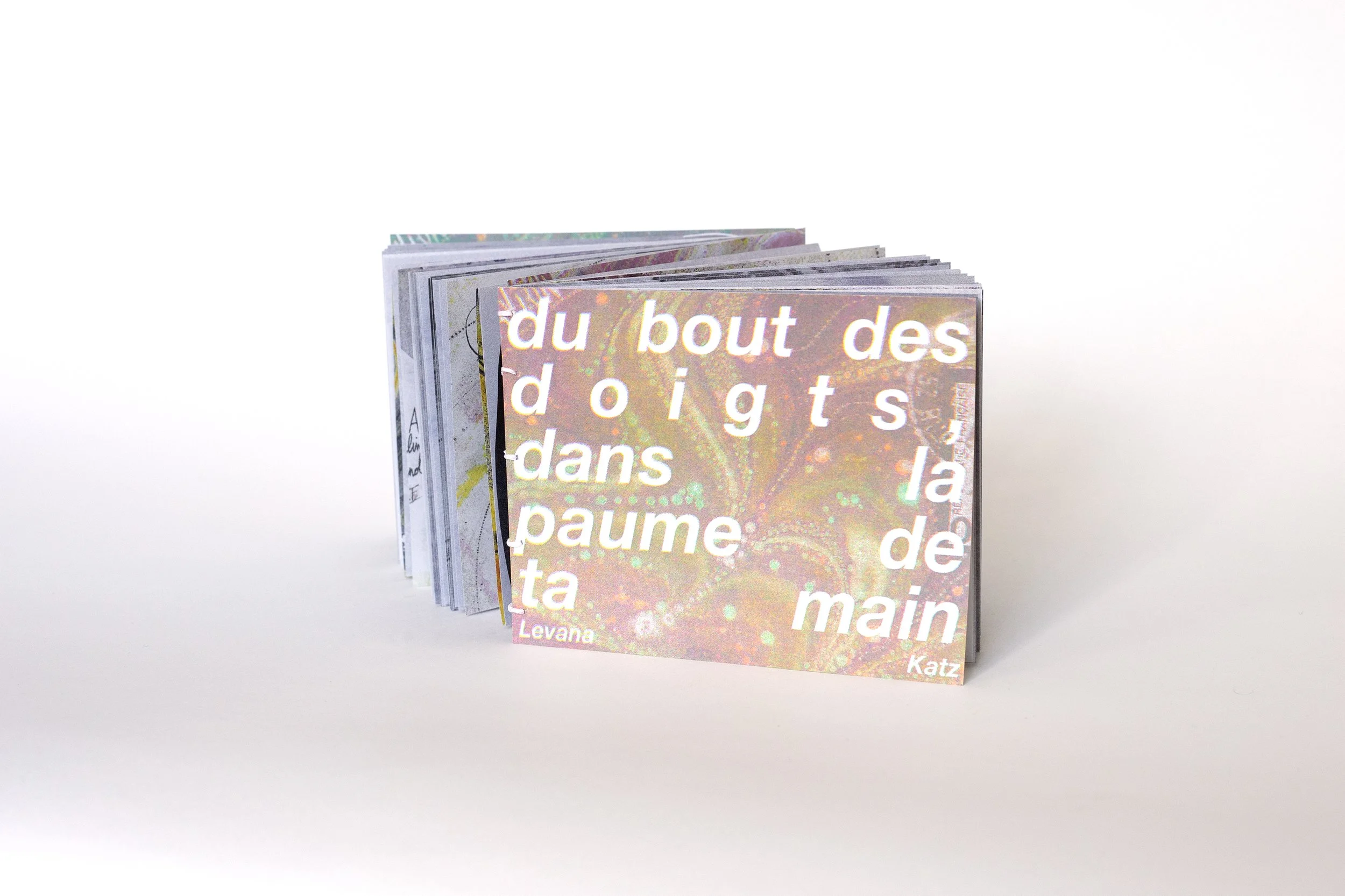 By the tips of your fingers, for the palm of your hand, 2026. 
Edition of 50 artist books.
Risograph cover, injet-printed inner pages, dos-a-dos coptic-stitch binding.

Translated from English by Adèle Rico-Lamontagne, edited by Nina Katz, artworks i
