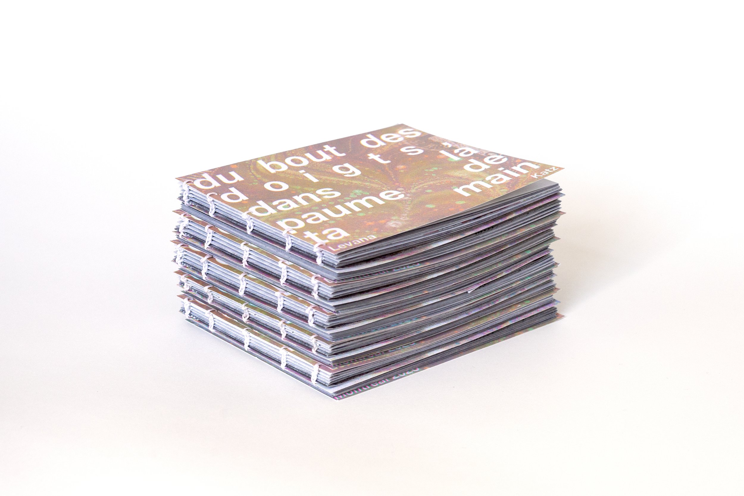 By the tips of your fingers, for the palm of your hand, 2026. 
Edition of 50 artist books.
Risograph cover, injet-printed inner pages, dos-a-dos coptic-stitch binding.

Translated from English by Adèle Rico-Lamontagne, edited by Nina Katz, artworks i
