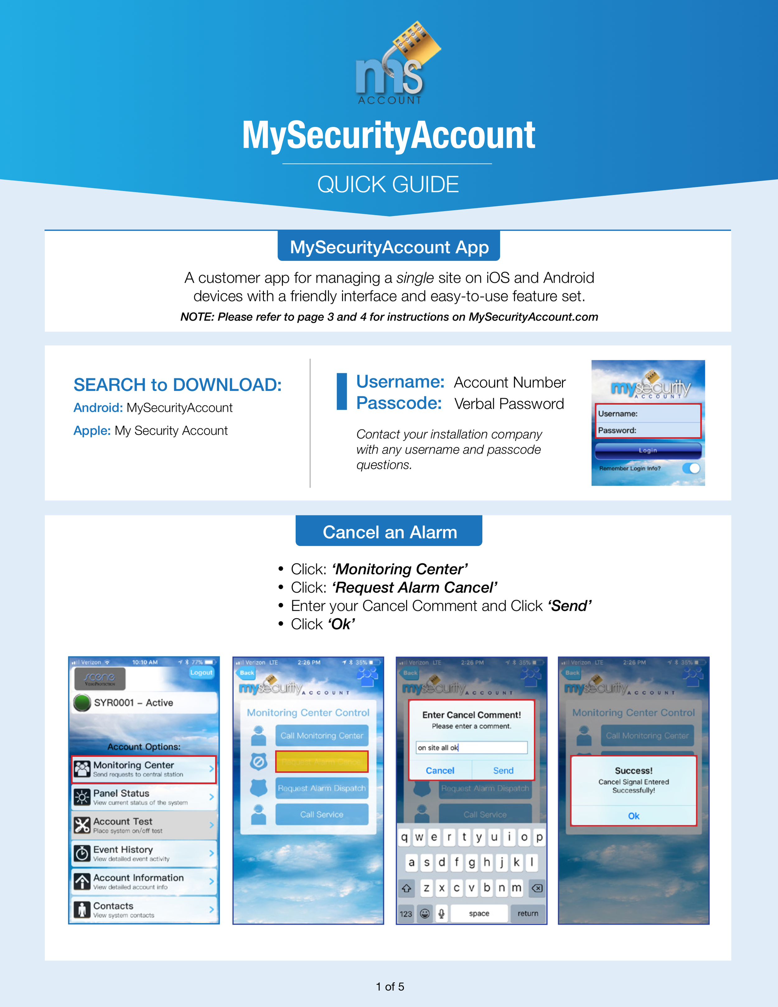Guide for managing a security system account, including app download instructions, username and password, and steps for canceling alarms with example screenshots of the app interface.