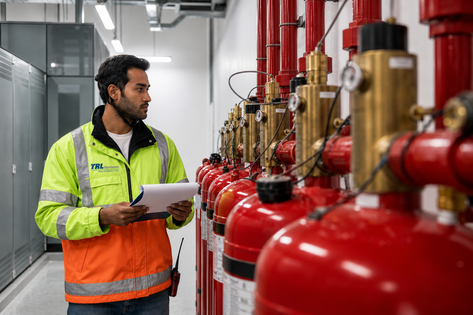 A man in a high-visibility safety jacket examining fire extinguishers, holding a clipboard in a facility with electrical panels in the background.