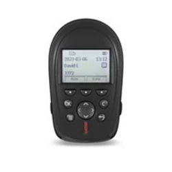 A blue glucose meter with a test strip inserted, used for blood sugar testing.
