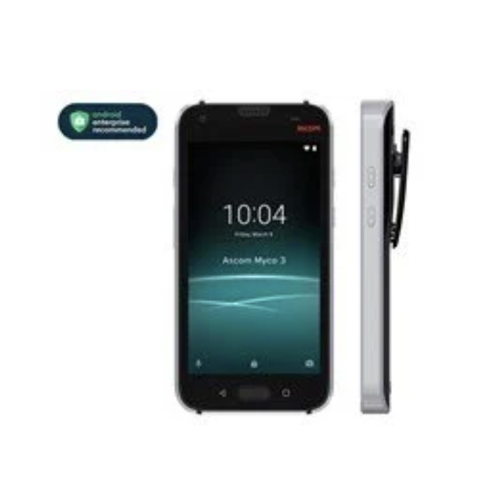 A rugged outdoor smartphone with a front screen displaying the time 10:04 and the date April 10. It is shown from the front and side views, with a stylus attached to the side.