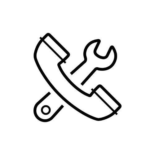 Icon of a telephone receiver with a wrench and screwdriver crossing through it, representing technical support or repair services.