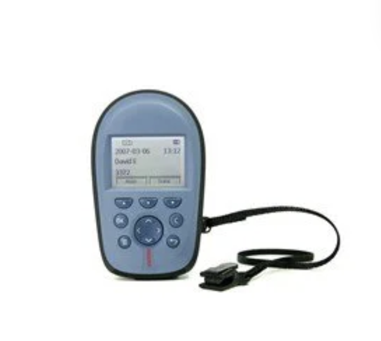 A blue glucose meter with a test strip inserted, used for blood sugar testing.