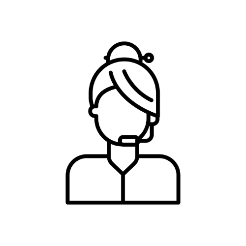 Line drawing of a woman with hair in a bun, wearing a collared shirt.