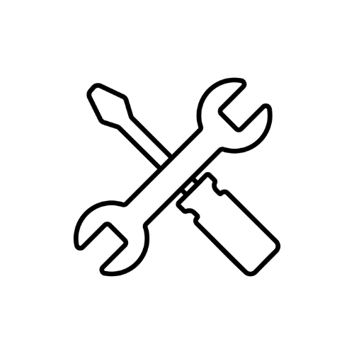 Black outline of a wrench, screwdriver, and a small bottle or container, crossing each other.