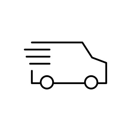 Line drawing of a delivery truck with motion lines indicating speed.