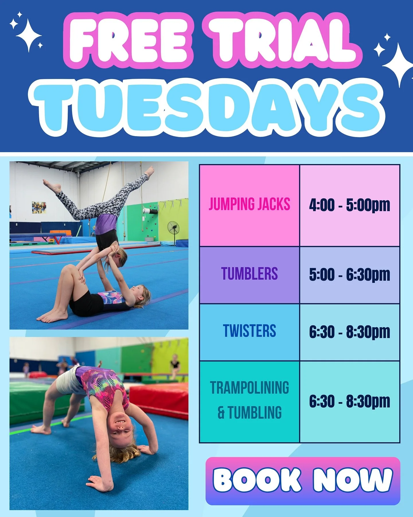 ⭐️ FREE Trial Tuesdays ⭐️

Thinking about trying gymnastics? 🤸🏼&zwj;♂️
One free trial is all it takes to kickstart your Wildcats journey!

🗓 Tuesdays only &mdash; until Tuesday 16th September
💙 Educational Gymnastics
💜 Tumbling / Trampolining

⚡