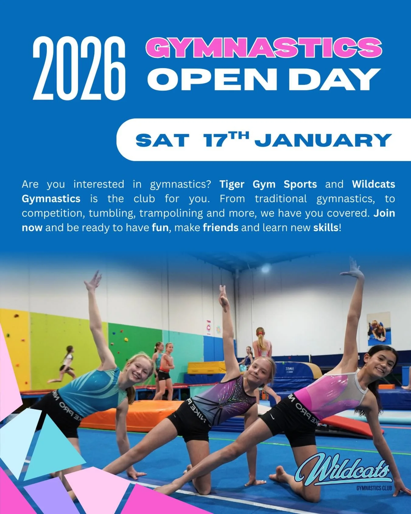 2026 Open Day 🤸🏼&zwj;♀️🤸🏼&zwj;♂️

Are you interested in gymnastics? Tiger Gym Sports and Wildcats Gymnastics is the club for you. 

From traditional gymnastics, to competition, tumbling, trampolining and more, we have you covered. Join now and be