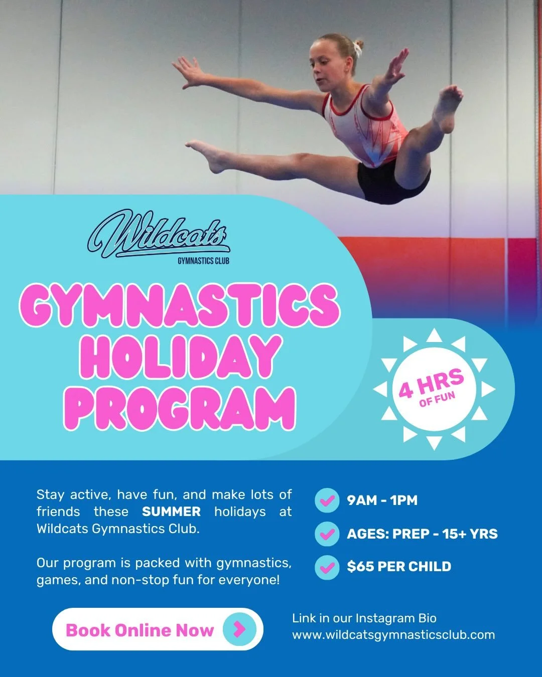 🤸🏼&zwj;♀️🌈 Summer Holiday Gymnastics Program - BOOK NOW 🤸🏼&zwj;♀️🌈
 
Now is the perfect time to plan some exciting activities for the kids these summer holidays! Keep them active and having fun at our Gymnastics Holiday Program! 🤩

Running ove