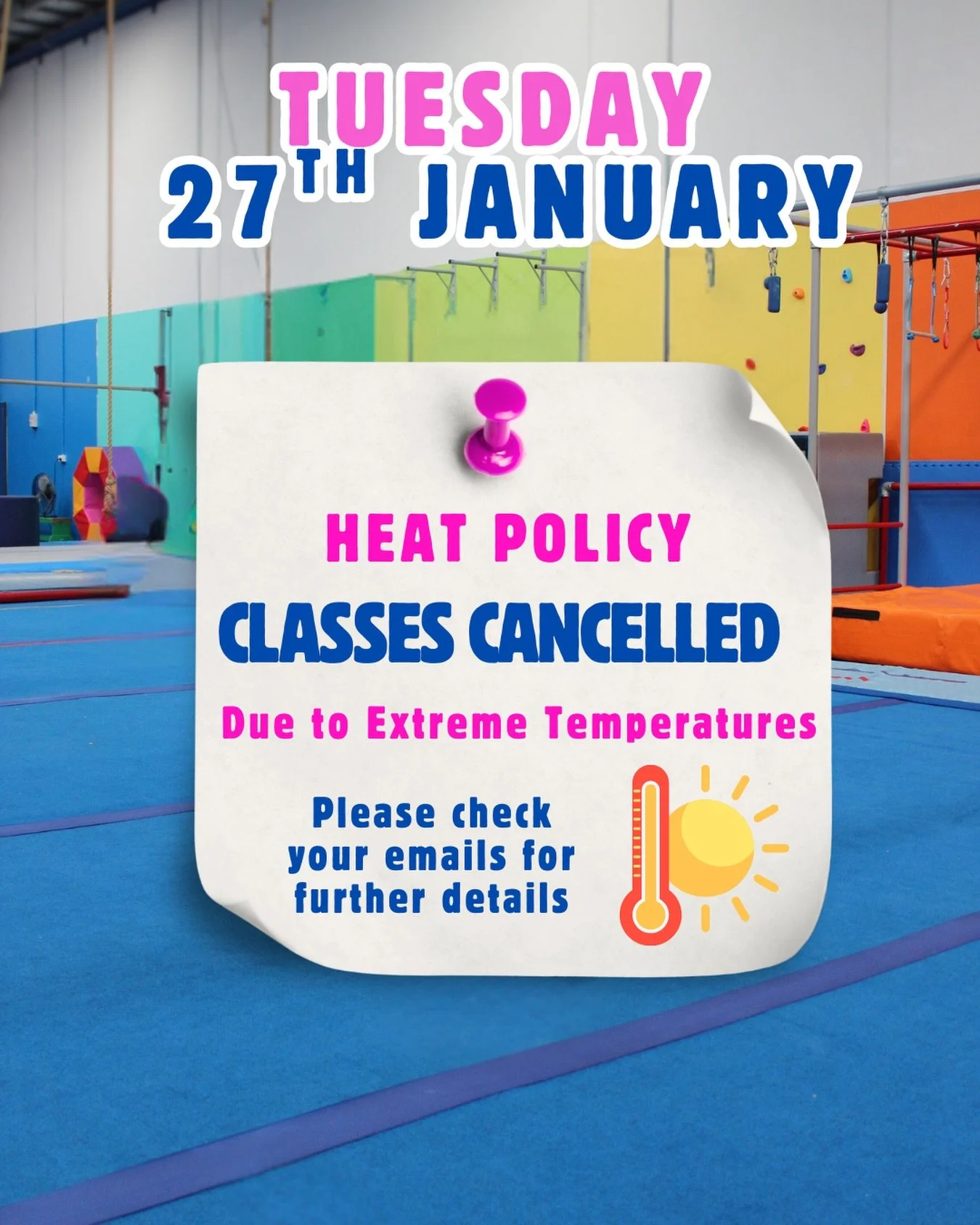 🔥 Extreme Heat Update - Classes Cancelled for Tuesday 27th January ☀️ Due to the high forecast temperatures this afternoon, all classes today have been cancelled in line with our heat policy.

Please check your emails for further details 📧 Stay coo