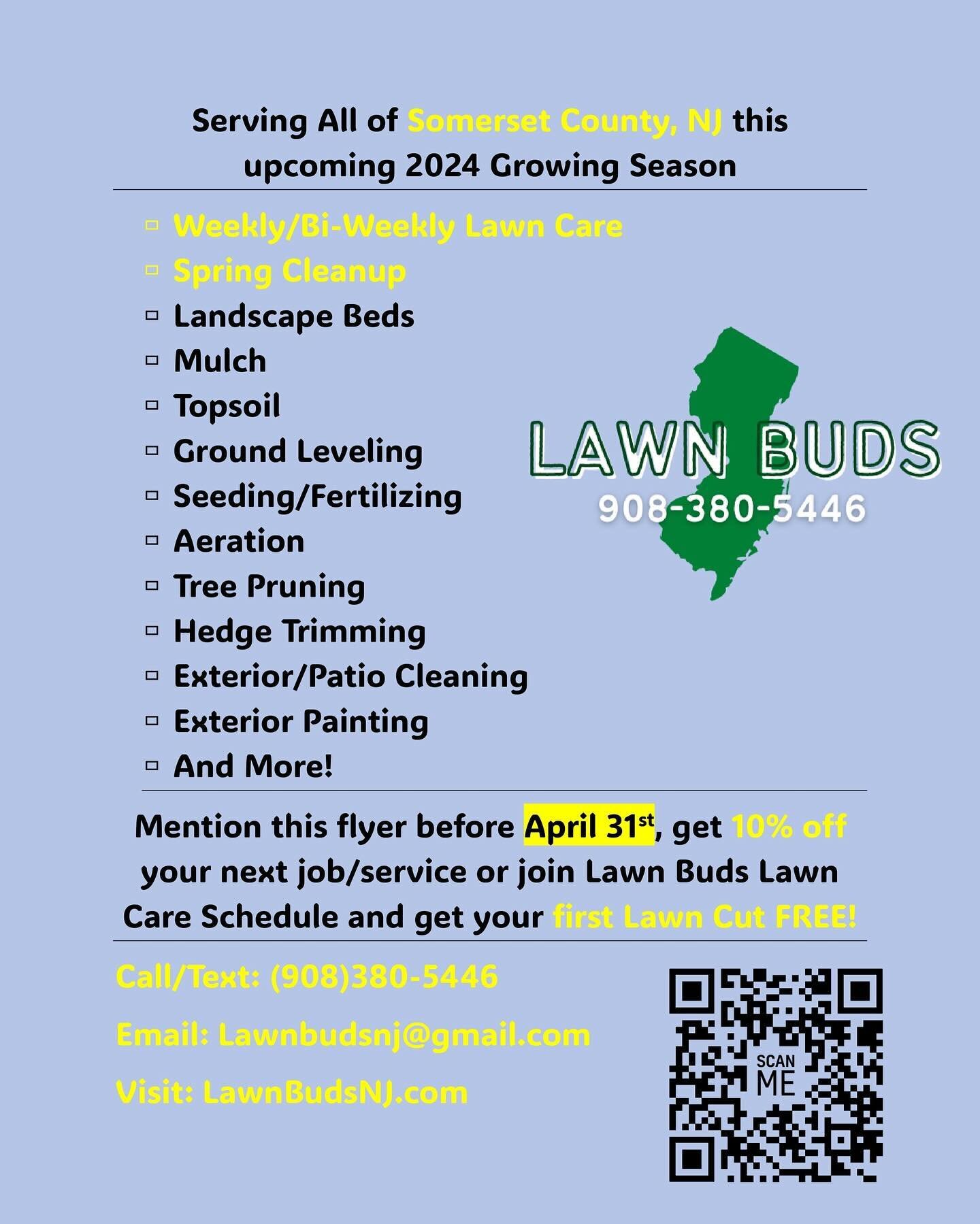 Get your property up to shape this Season with 10% off your next service!

OR

Join us this Lawn Maintenance Season, get your first cut free!

Offer expires April 31st so contact us soon!

Get your free quote at LawnBudsNj.com or by following the lin