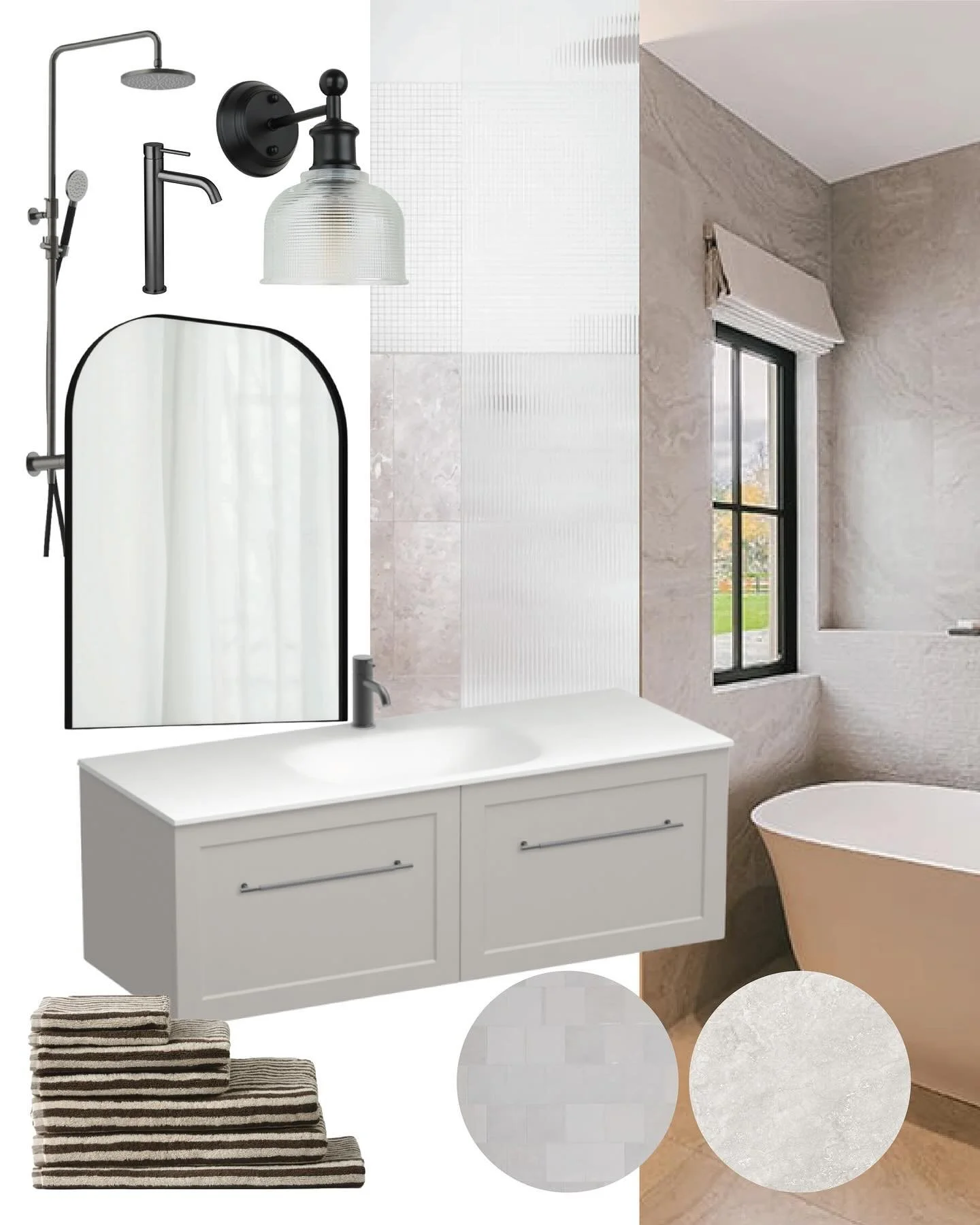 Warm stone textures, and layered soft neutrals for this clients ensuite mood board. We&rsquo;ve created a chic and spa-worthy ensuite with a Modern European luxury feel using soft ivory and beige tones, elegant wall lights, reeded glass and textural 