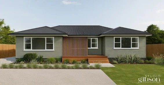 Last weeks #FacadeFriday featuring a modern soft muted grey-green, sleek black roof, warm timber accents, and layered native landscaping to bring this classic home into a new era. Simple changes, lasting impact. Swipe to see the before 📸 

#StudioGi