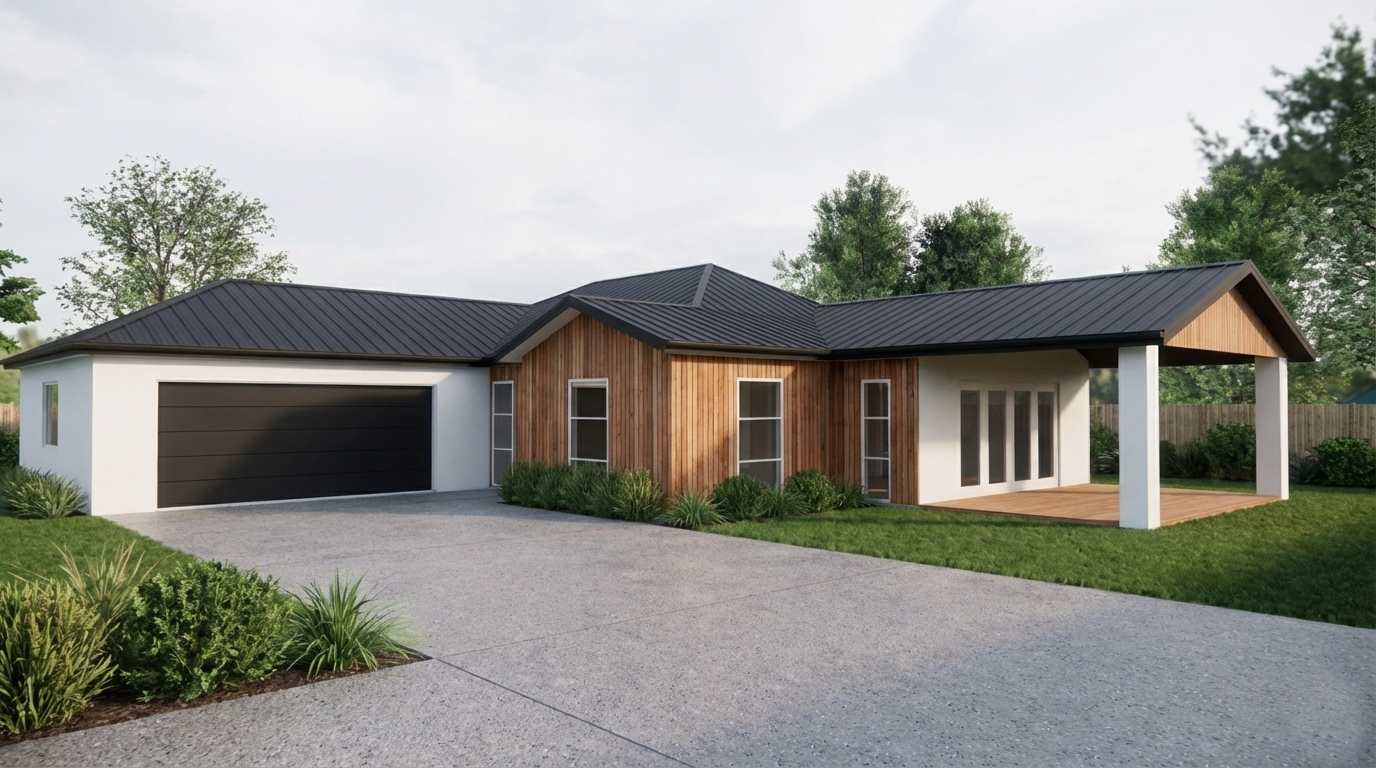 3D render of a Modern single-story house with a black metal roof, white exterior walls, and wood panel accents. Features a two-car garage and a covered porch with patio doors.